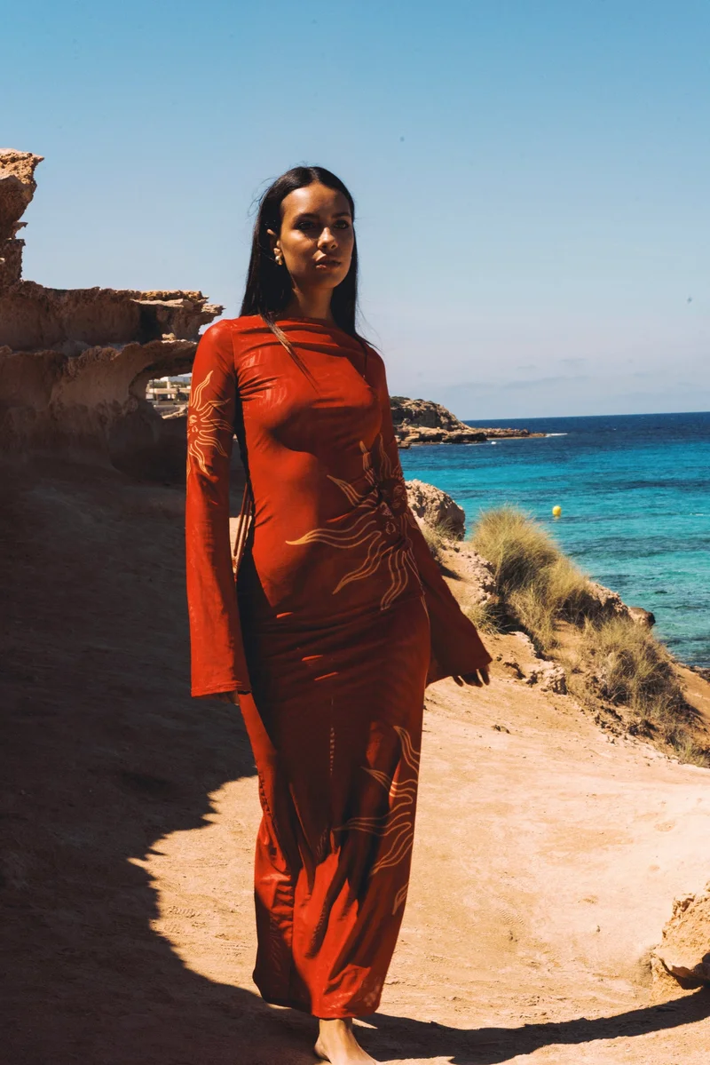 Scorpio Rizing  Celeste Cherry Red Double Layered Sculpting Mesh Maxi Dress for Women | Best Price UAE